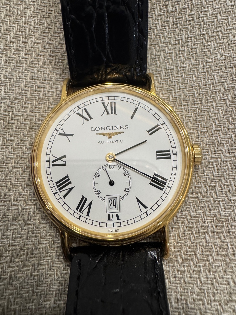 Longines Presence Automatic Yellow Gold PVD Black Leather Mens Watch